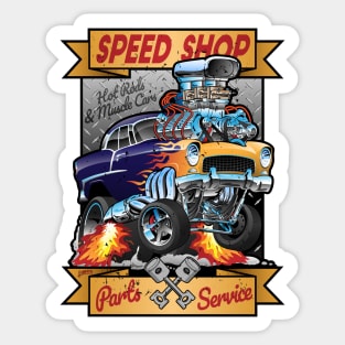 Speed Shop Hot Rod Muscle Car Parts and Service Vintage Cartoon Illustration Sticker